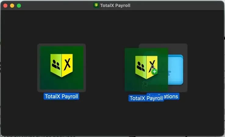 Dragging the TotalX Payroll icon onto the Applications folder
