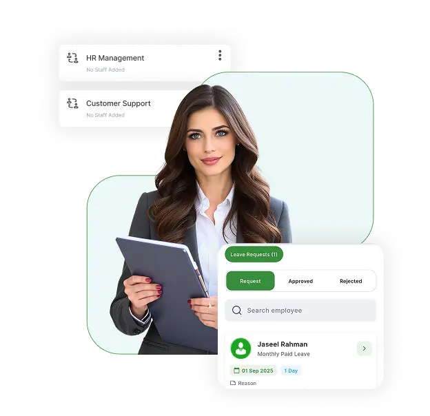 HR management dashboard preview with leave request interface