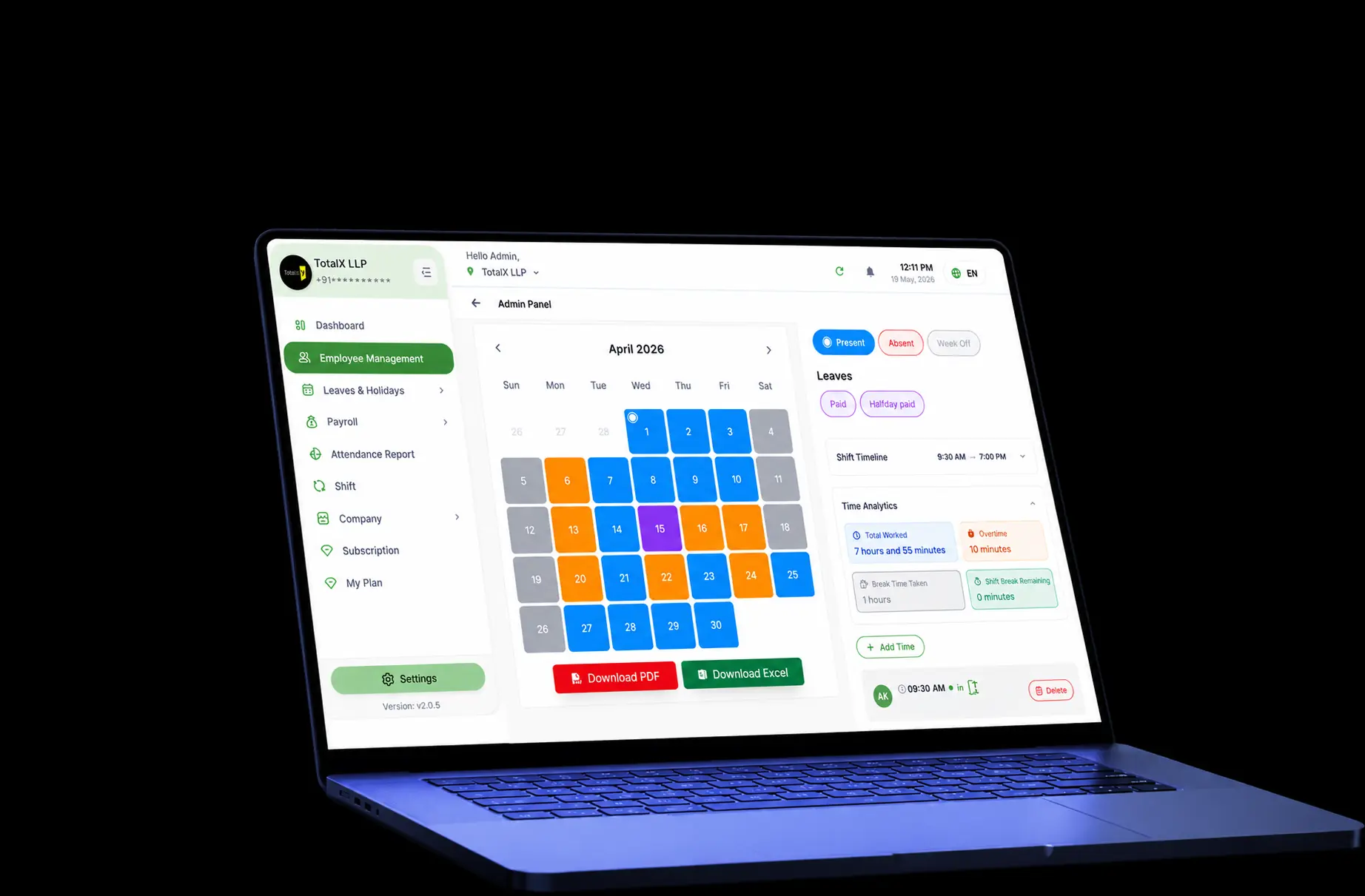 TotalX admin panel displayed on a laptop showing employee management and attendance calendar